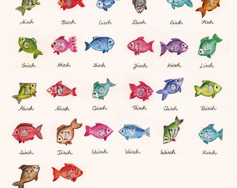 Canvas print - Alphabet fish, fantasy fish in comic style, 20 x 20 cm, wall decoration for the kitchen or children&#39;s room, maritime, square