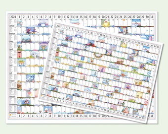 2 Kalender 2024, 1 groß, 1 klein, Posterformat, Wandkalender, witzige Illustrationen, beschreibbar, mattes festes Papier, Buntstiftechnik