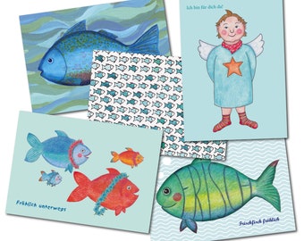 5 Postkarten "einfach BLAU" Postkarten, Hauptfarbe: blau, Comic-Stil, Schutzengel und 4 Fischmotive, matter 300 g Karton, maritim, fröhlich