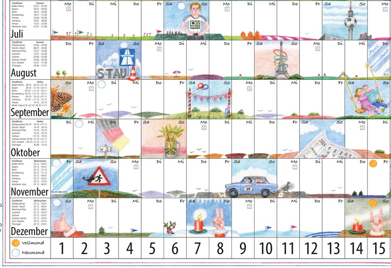 Calendar 2024, large, poster format, wall calendar, 80 x 60 cm, funny illustrations, writable, matte strong paper, colored pencil technique image 4