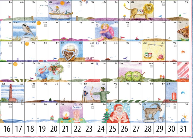 Calendar 2024, large, poster format, wall calendar, 80 x 60 cm, funny illustrations, writable, matte strong paper, colored pencil technique image 5