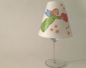 Wine glass lampshade "Angel with heart", handmade, solid tracing paper, home decoration, table decoration, candlelight, for tealight, digital printing