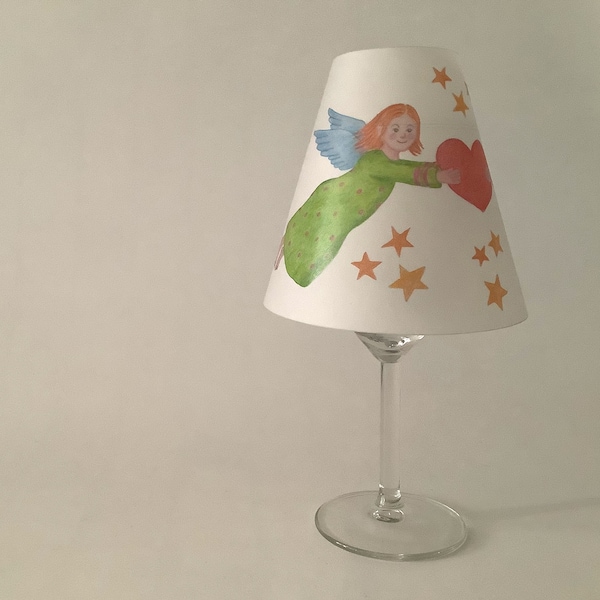 Weinglas-Lampenschirm "Engel mit Herz", handgemacht, festes Transparentpapier, Wohndeko, Tischdeko, Kerzenschein, für Teelicht, Digitaldruck