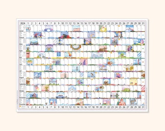 Calendar 2024, small, 59.4 x 42 cm, poster calendar, year-round overview, suitable for children's room, kitchen, hallway, can also be hung on doors