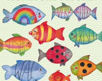 Canvas print - Funny fish, fantasy fish in comic style, 20 x 20 cm, wall decoration for the kitchen or children&#39;s room, maritime, square