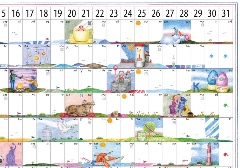 Kalender 2024, groß, Posterformat, Wandkalender, 80x60 cm, witzige Illustrationen, beschreibbar, mattes festes Papier, Buntstiftechnik Bild 3