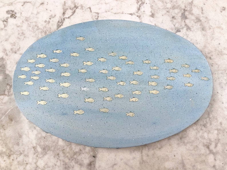 Original auf Leinwand Goldfische II, Unikat, 30 x 20 cm, ovale Leinwand, Acrylfarbe, Fischschwarm, dekorativ, mit Witz, maritim Bild 4