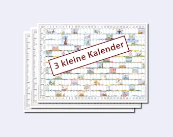 May include: A stack of three 2027 wall calendars featuring a grid layout with monthly rows and daily columns. Each cell contains a small colorful illustration. A diagonal red-bordered box displays the text 3 kleine Kalender.