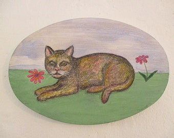 Katze im Garten - Original auf Leinwand Acryl, 30 x 20 cm, ovales Bild, Unikat, Gartenbild, Katzenmotiv, Stubentiger, Mischtechnik, Blume