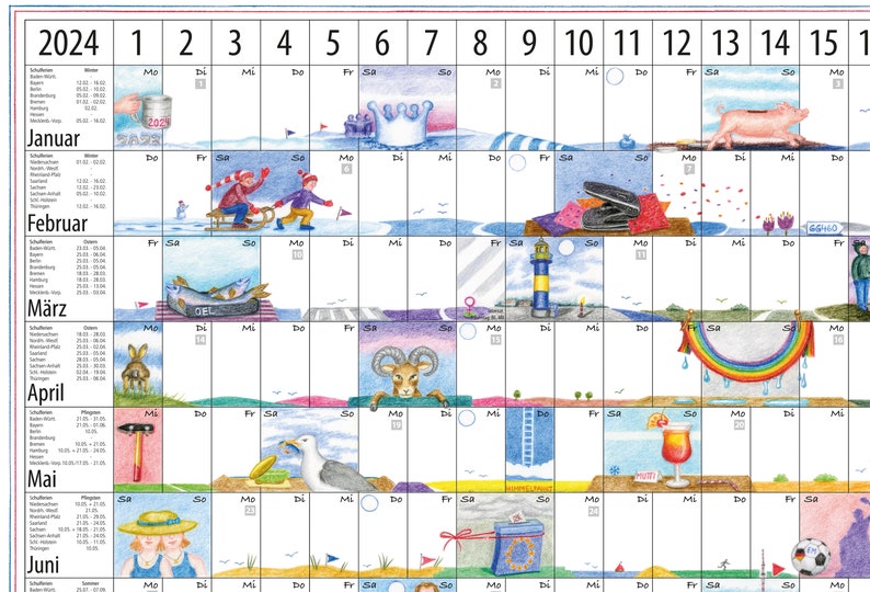 Kalender 2024, groß, Posterformat, Wandkalender, 80x60 cm, witzige Illustrationen, beschreibbar, mattes festes Papier, Buntstiftechnik Bild 2