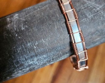 Silver wire band bracelet wrapped in copper wire, stylish cool wire bracelete