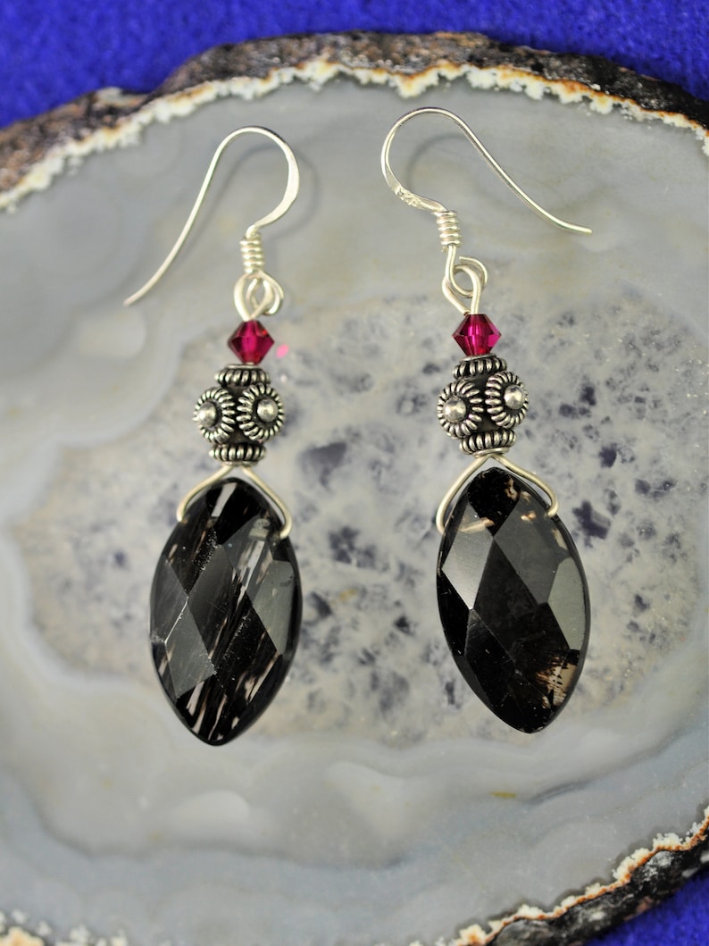 Faceted Moss Agate Marquise beads Bali Sterling Silver dangle Earrings