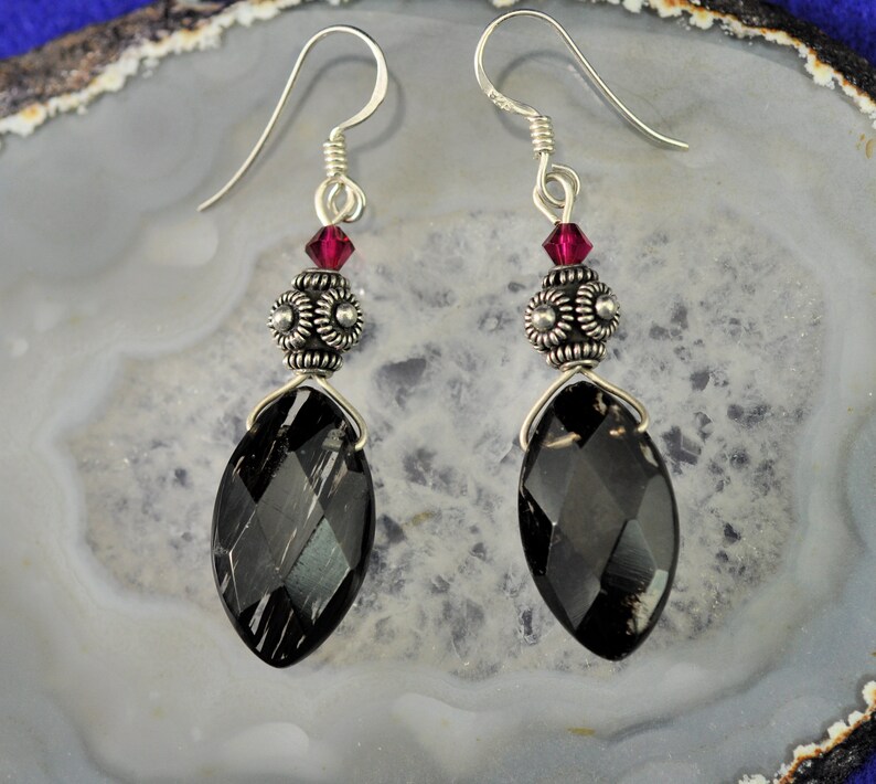Faceted Moss Agate Marquise beads Bali Sterling Silver dangle Earrings