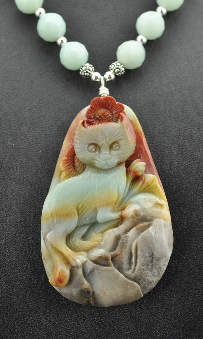 Amazonite Carved Kitty Cat .Sterling Silver Necklace