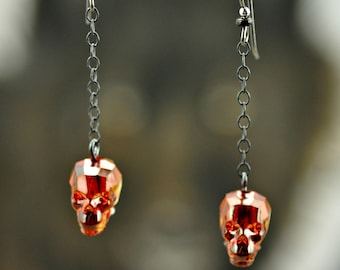 Swarovski Red Magma Crystal Skull Antiqued Sterling Silver Niobium Earrings