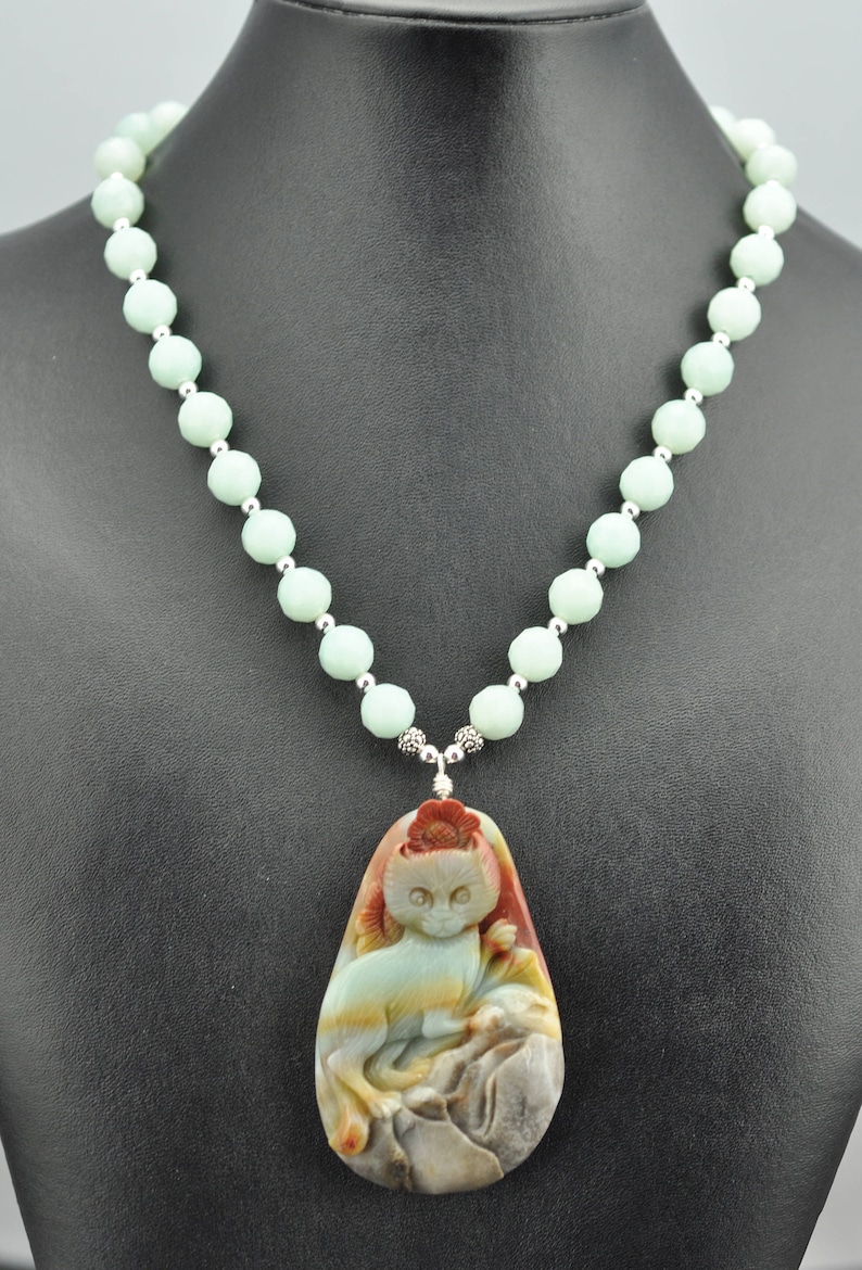 Amazonite Carved Kitty Cat .Sterling Silver Necklace