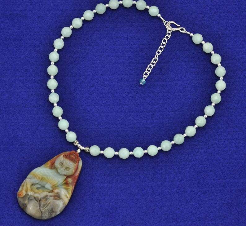 Amazonite Carved Kitty Cat .Sterling Silver Necklace