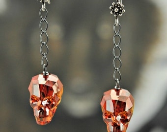 Swarovski large Red Magma Crystal Skull .925 Silver Earrings
