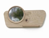 Wooden wall mirror with handable mirror for make-up, hairdressing, made from oakwood, with a retro-modern design