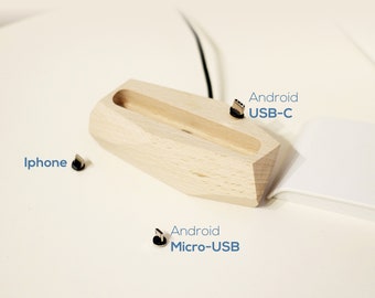 Universal wooden DOCKING STATION for IPHONE & Android - Movable et comutable - Charging cable for iphone and android icluded