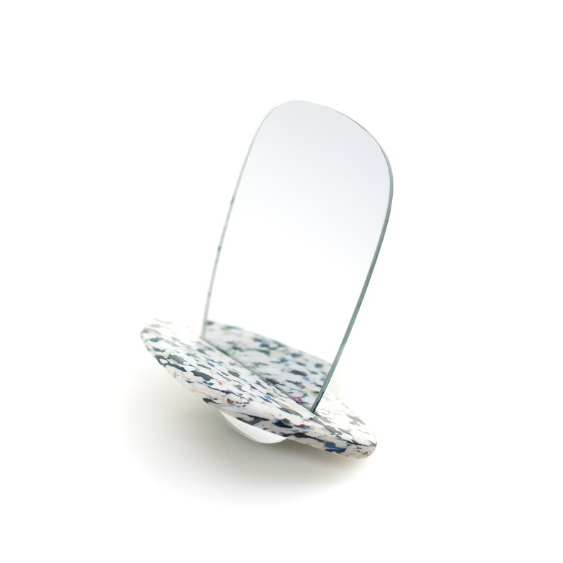 Modular Make-up mirror, Recycled plastic support with terrazzo patern. Modular angle. Bathroom accessory, cosmetic and make-up tool. image 2