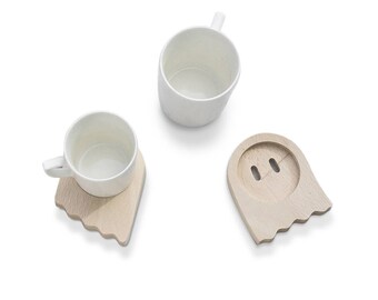 Service "Petit fantôme" de 2 tasses avec supports fantome en hêtre pour couples, petit déjeuner en duo
