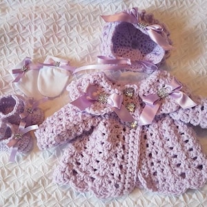 Crochet baby cardigan bonnet shoes and mitts