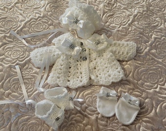 Crochet baby cardigan bonnet shoes and mitts