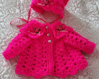 Crochet baby cardigan bonnet newborn to 6-12 months