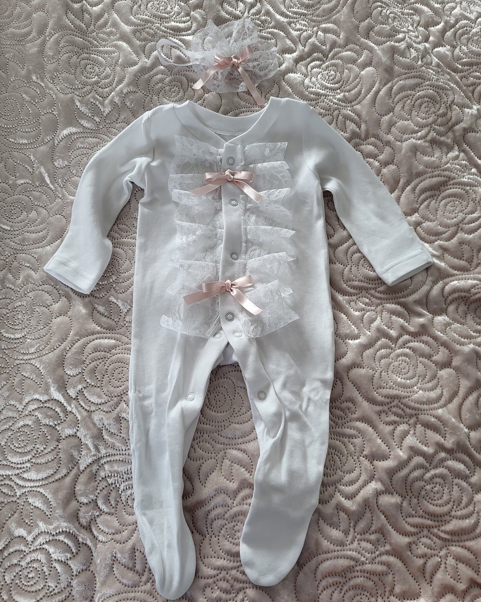 Frilly Lace Babygrow and Headband Set Etsy