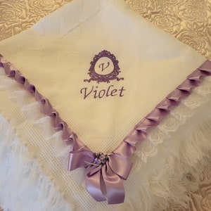 Baby shawl embroidery and ribbon any colour image 3