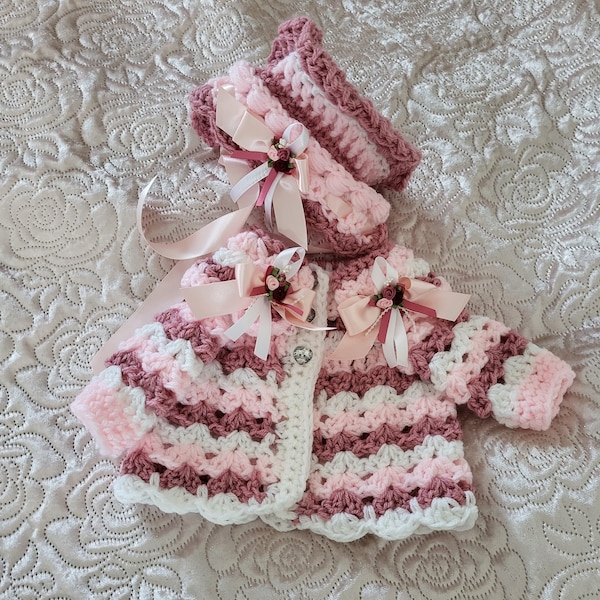 Crochet baby cardigan bonnet newborn to 6-12 months