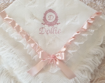 Baby shawl embroidery and ribbon any colour