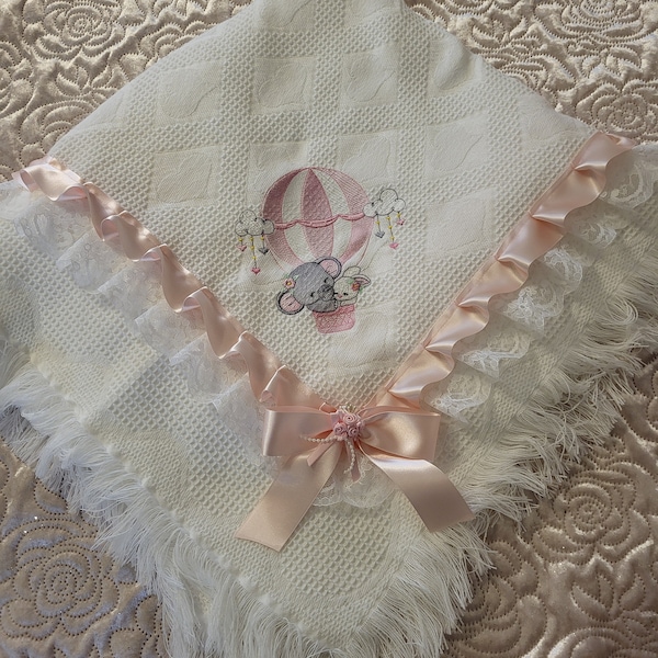 Baby shawl embroidery and ribbon any colour can add name or other wording