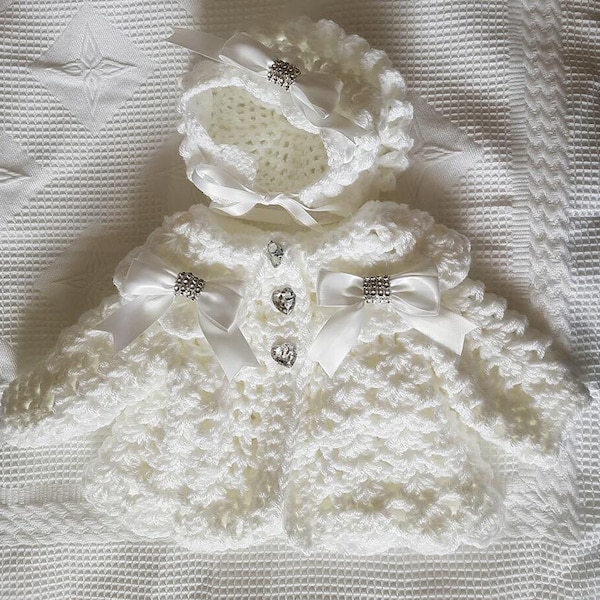 Crochet baby cardigan bonnet newborn to 6-12months