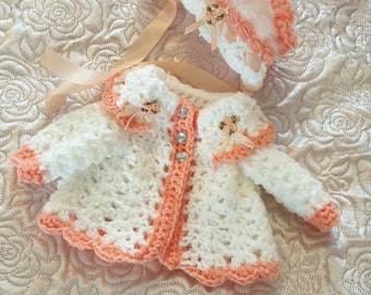 Crochet baby cardigan bonnet newborn to 6-12 months