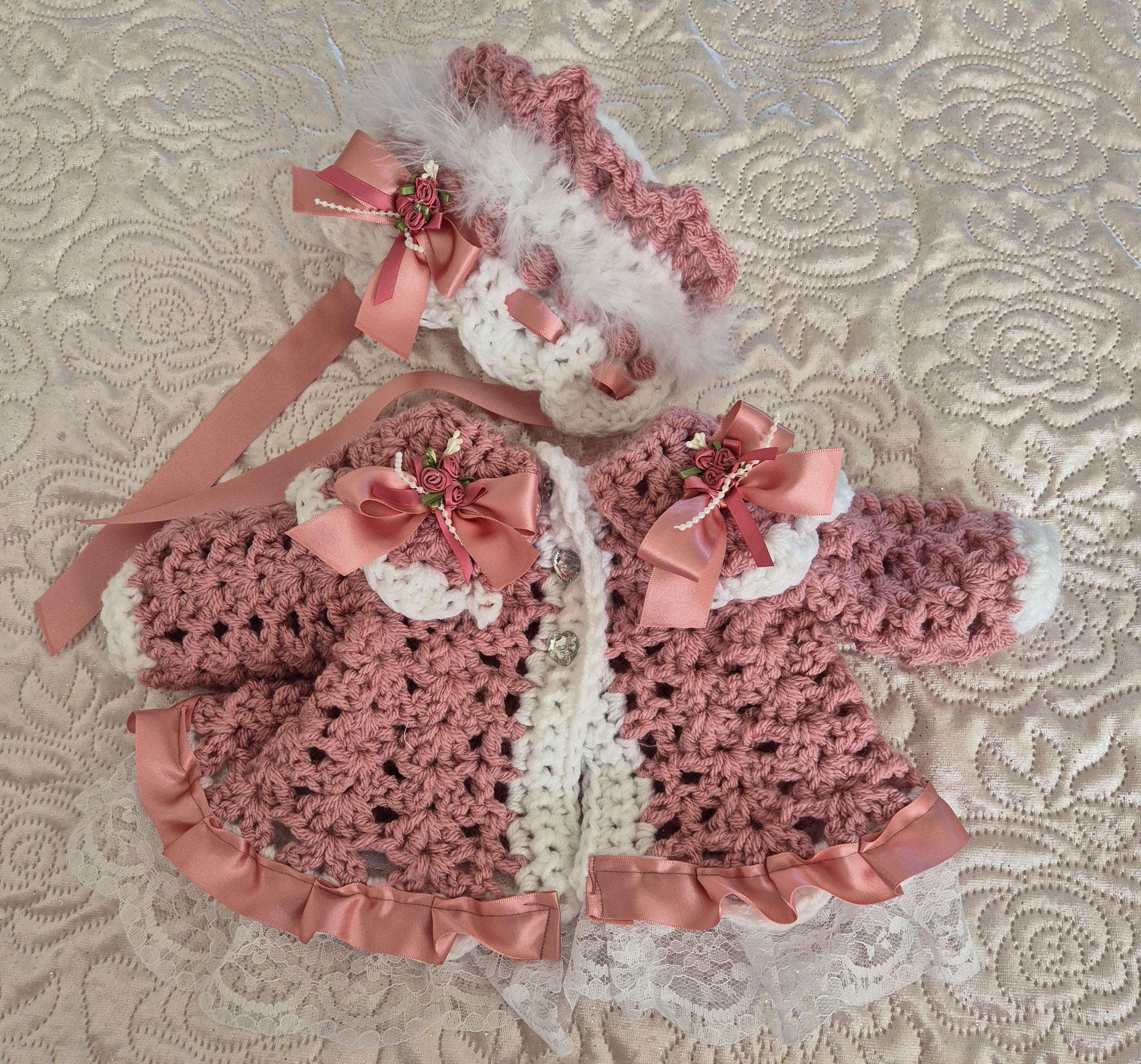 Baby cardigan bonnet with lace and ribbon trim crochet