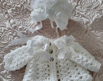 Crochet baby cardigan bonnet newborn to 6-12 months