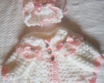 Crochet baby cardigan bonnet newborn to 6-12months