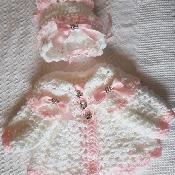 Crochet baby cardigan bonnet newborn to 6-12months