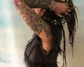 Bolero-vest black leather studded patchwork,goth,fusion,psywear,steampunk,punk,Burning man,Wasteland