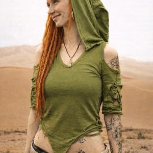 Green slashed cotton pixie top with a long pointy hoodie,PsyTrance,Festival,alternative fashion