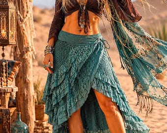 Laced wrapskirt antique-blue cotton with ruffled lace,short to long skirt,Boho,Gipsy,Ibiza