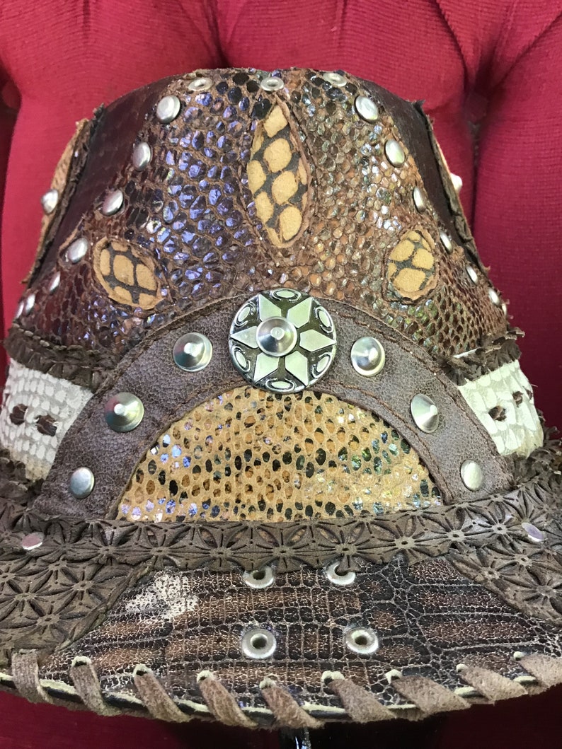Handmade Leather hat,fedora Reptile pattern Patchwork hat ,Steampunk Festival Style image 6
