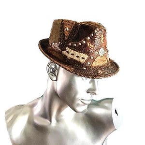 Handmade Leather hat,fedora Reptile pattern Patchwork hat ,Steampunk Festival Style image 10