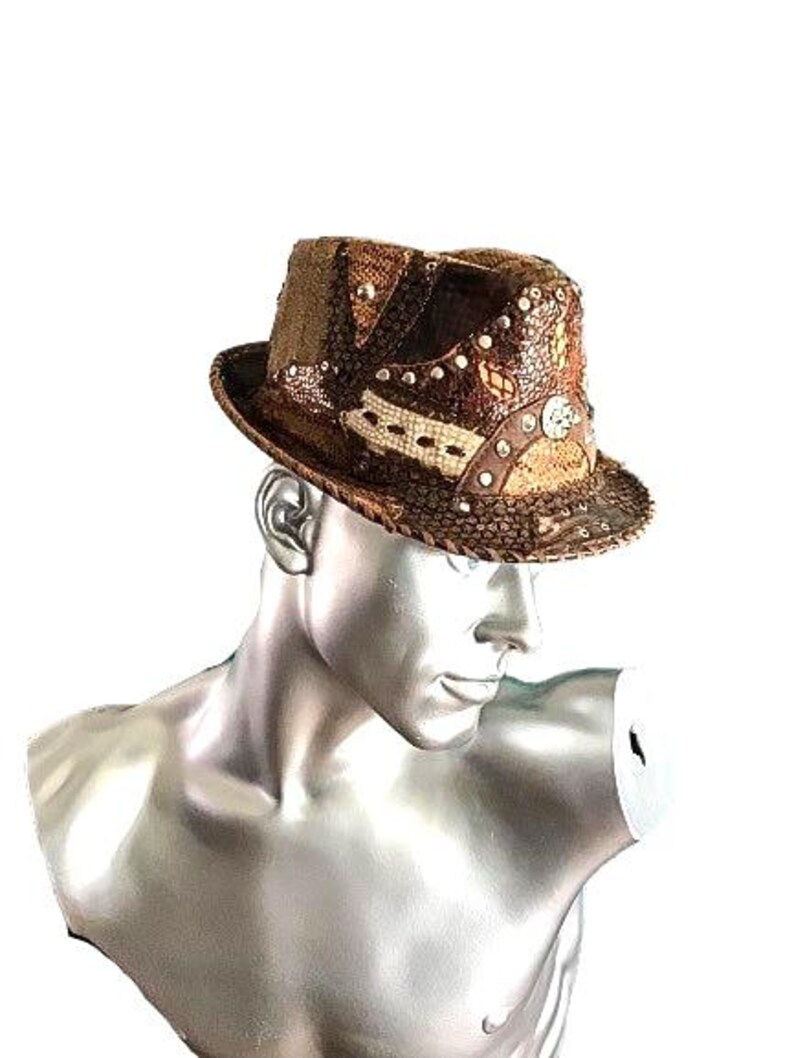 Handmade Leather hat,fedora Reptile pattern Patchwork hat ,Steampunk Festival Style image 10