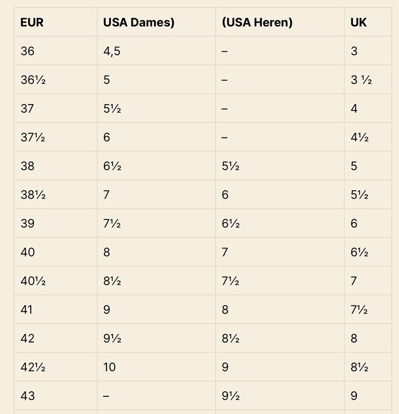 Puede incluir: Un gr&aacute;fico que muestra las conversiones de tallas de zapatos para mujeres en tallas europeas, estadounidenses y brit&aacute;nicas. El gr&aacute;fico muestra las tallas de 36 a 43 en tallas europeas, de 4,5 a 10 en tallas estadounidenses y de 3 a 9 en tallas brit&aacute;nicas.