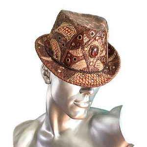 Leather Fedora hat jungle reptile-print patchwork with rivets and gemstone,hippie,steampunkBurning man,tribal,Gipsy,Goa,Ibiza,festival
