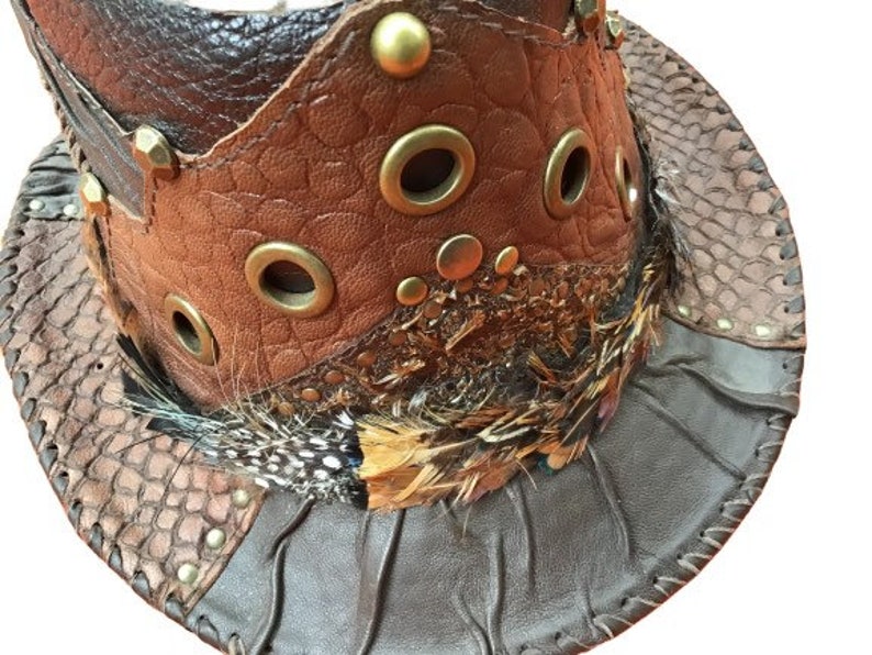 May include: A brown leather cowboy hat with a wide brim, decorated with feathers, metal accents, and a snakeskin pattern.