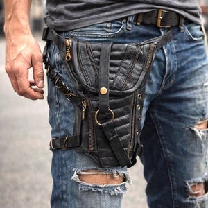 Skórzana torba kabura, funkcjonalna, na nogę, torba biodrowa, Lara Croft, Burning Man, motocyklista, rocker
